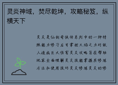 灵炎神域，焚尽乾坤，攻略秘笈，纵横天下